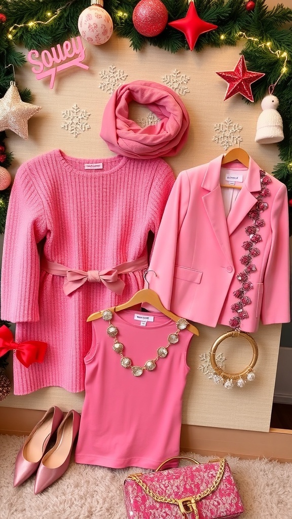 Festive Pink Christmas Outfit Ideas A collection of pink Christmas outfits displayed with holiday decorations.